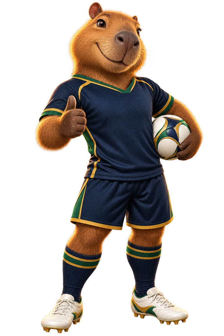 Mascote capivara da AFC com uniforme azul, verde e dourado