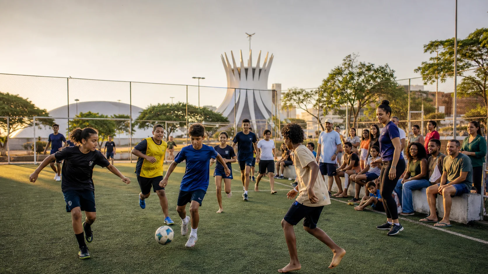 Jovens jogando futebol em atividade comunitária
