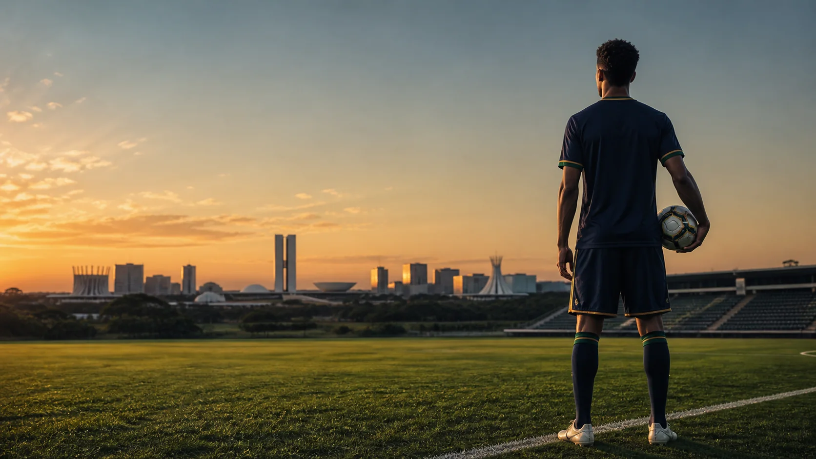 Jovem jogador de futebol observando Brasília ao pôr do sol